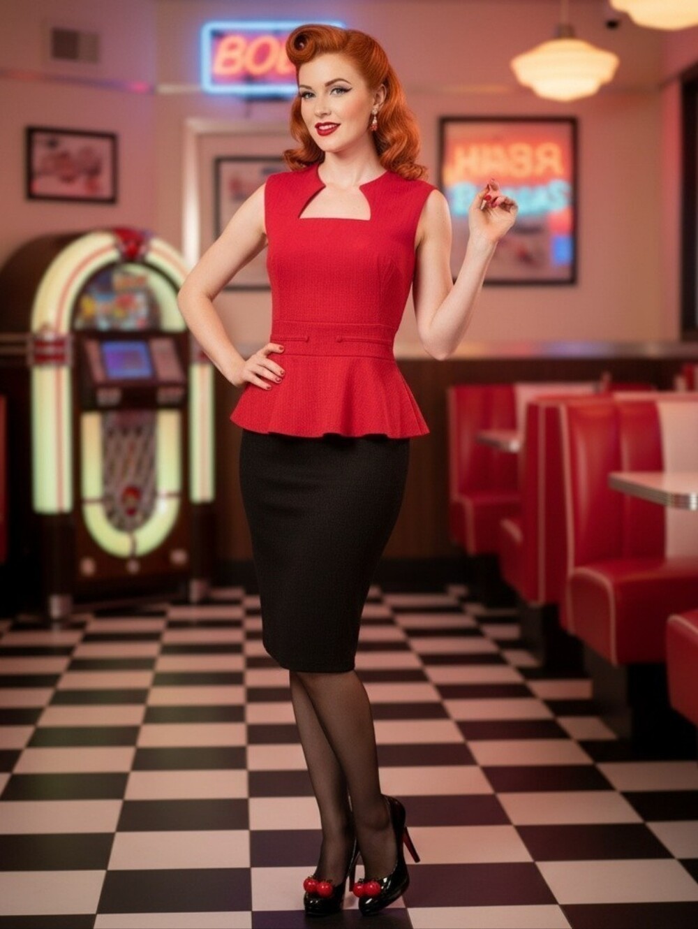 Rockabilly Pinup Red Black Peplum Cocktail Dress Size 8 Bodycon Stretch Coquette